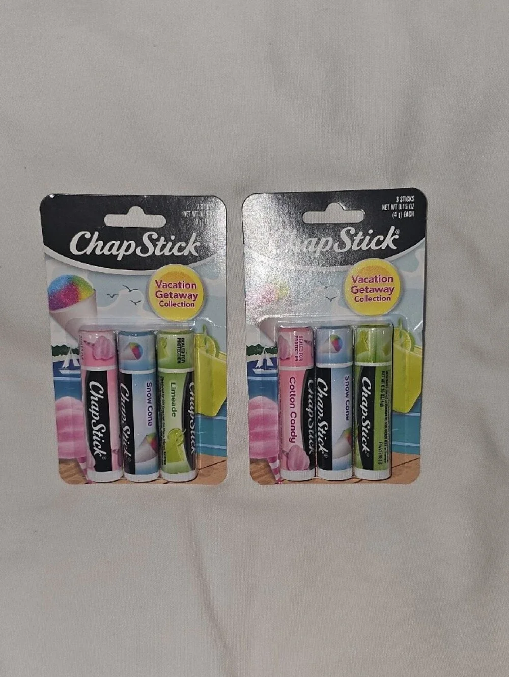ChapStick Vacation Getaway Lip Balm Tubes Cotton Candy, Snow Cone, Limeade, 0.15